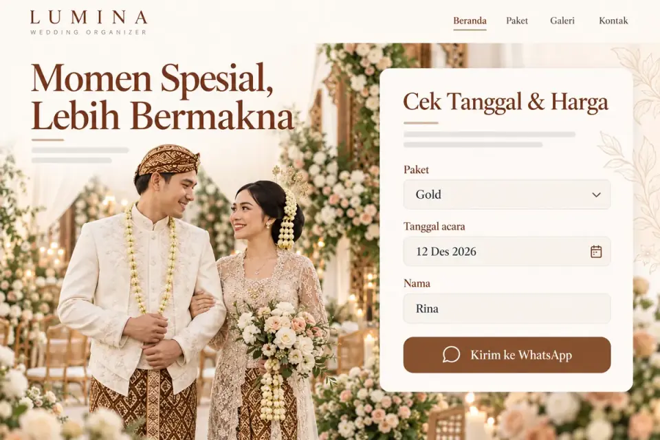 Website Lumina: formulir cek tanggal dan harga, Paket Gold, 12 Des 2026, atas nama Rina