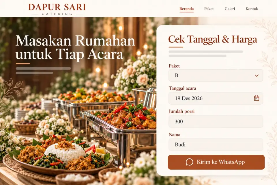 Website Dapur Sari: formulir cek tanggal dan harga, Paket B, 19 Des 2026, 300 porsi, atas nama Budi