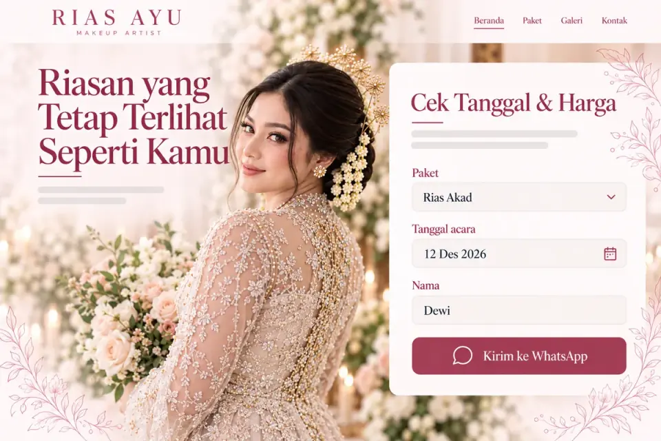 Website Rias Ayu: formulir cek tanggal dan harga, Rias Akad, 12 Des 2026, atas nama Dewi